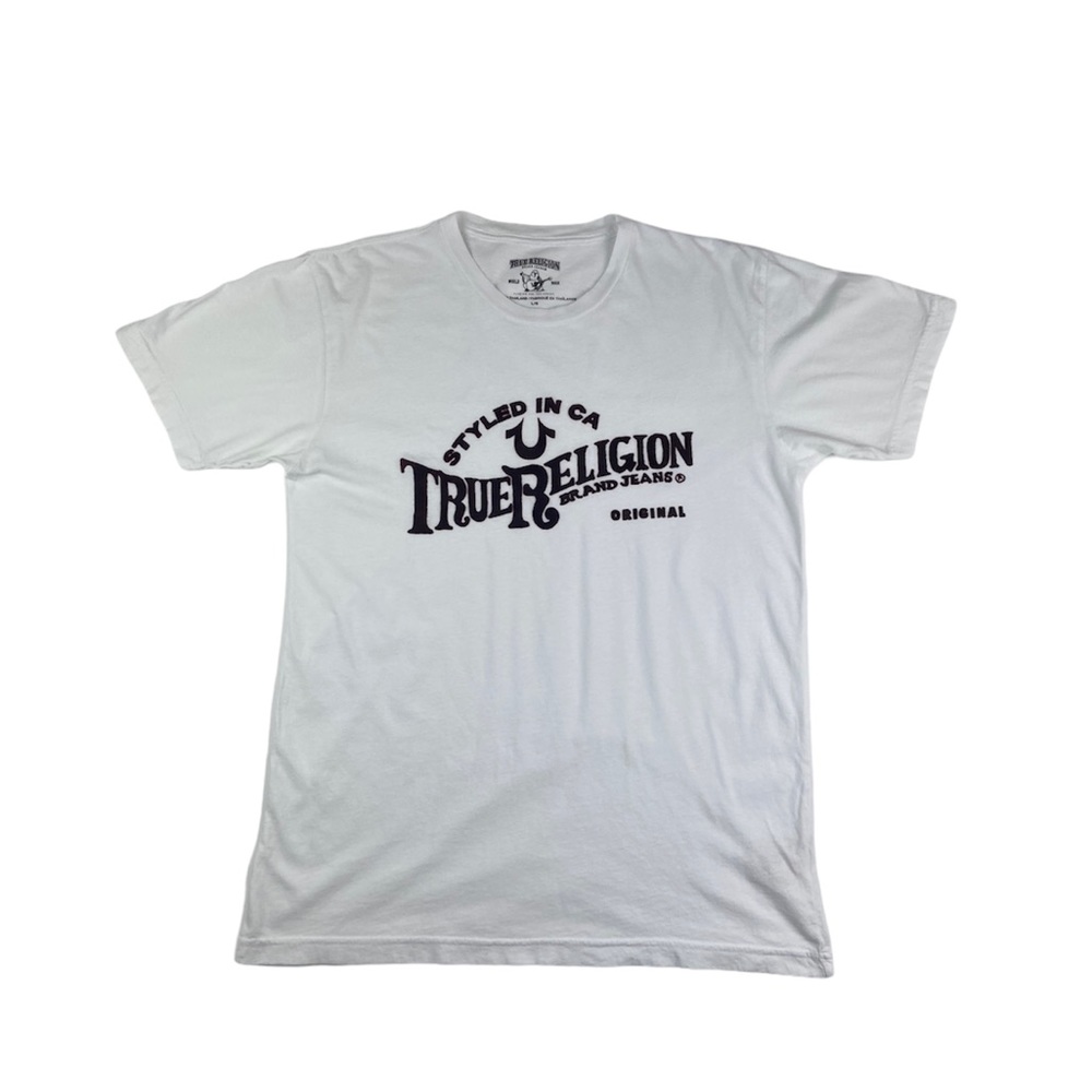 True Religion T-Shirt Velvet Felt Appliqué Letters Medium 100% Cotton Crew Neck